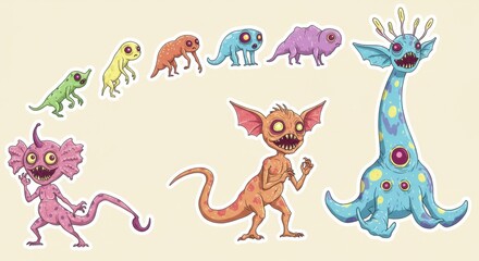 Naklejka premium Cute and Quirky Cartoon Alien Monsters Collection