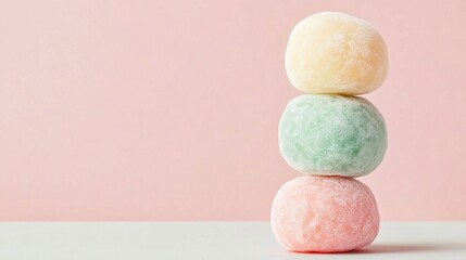 Obraz premium Three pastel-colored mochi, pale pink, green, and yellow, are stacked on a white surface against a light pink background. They have a slightly textured, powdered surface