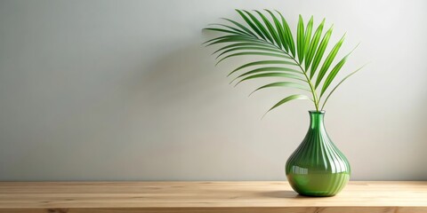 Fototapeta premium A single palm frond in a ribbed green glass vase sits on a light wooden surface against a muted green wall, creating a serene and minimalist home decor scene.