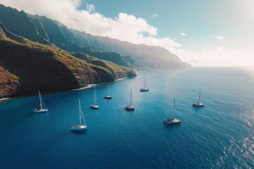 Obraz premium Epic drone view of stunning boats sailing in the clear waters of Hawaii, Epic drone shot flying above beautiful boats in Hawaiian ocean