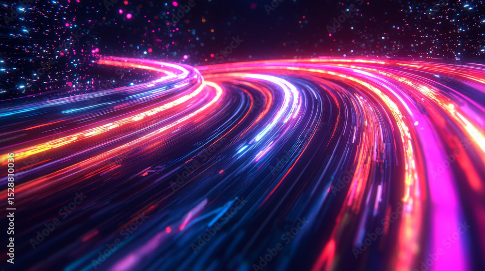 Poster sleek and fastmoving neon lines, bending and weaving through a dark abstract space, capturing the es