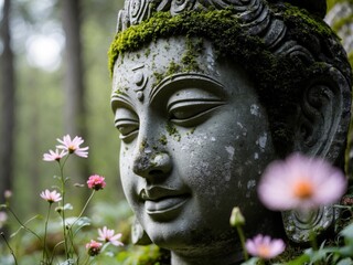 Serene Buddha Statue in Nature, Moss Adorned, Surrounded by Delicate Pink Flowers