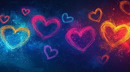 Numerous vibrant heart outlines set against a deep blue backdrop