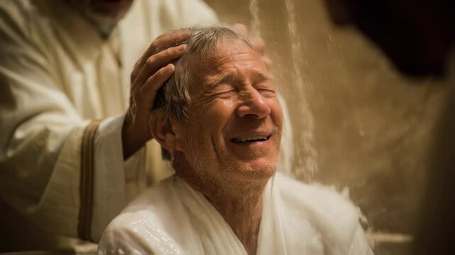An elderly man in a white robe, being baptized in a small chapel, with tears of joy streaming down his face as he experiences a spiritual rebirth.