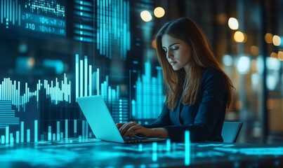Businesswoman sitting in a creatively designed office, focused and productive as she works on her laptop, preparing reports and analyzing data for an upcoming business presentation, Generative AI