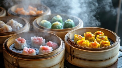 Steaming bamboo baskets brimming with various colorful and delicious-looking dim sum dumplings, showcasing a delectable culinary experience