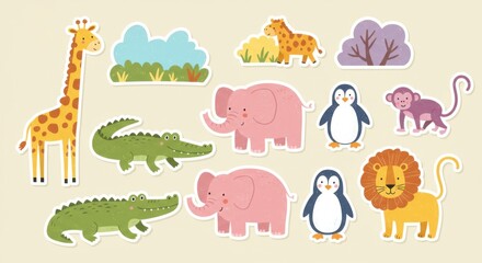 Obraz premium Cute Cartoon Safari and Zoo Animals Sticker Collection