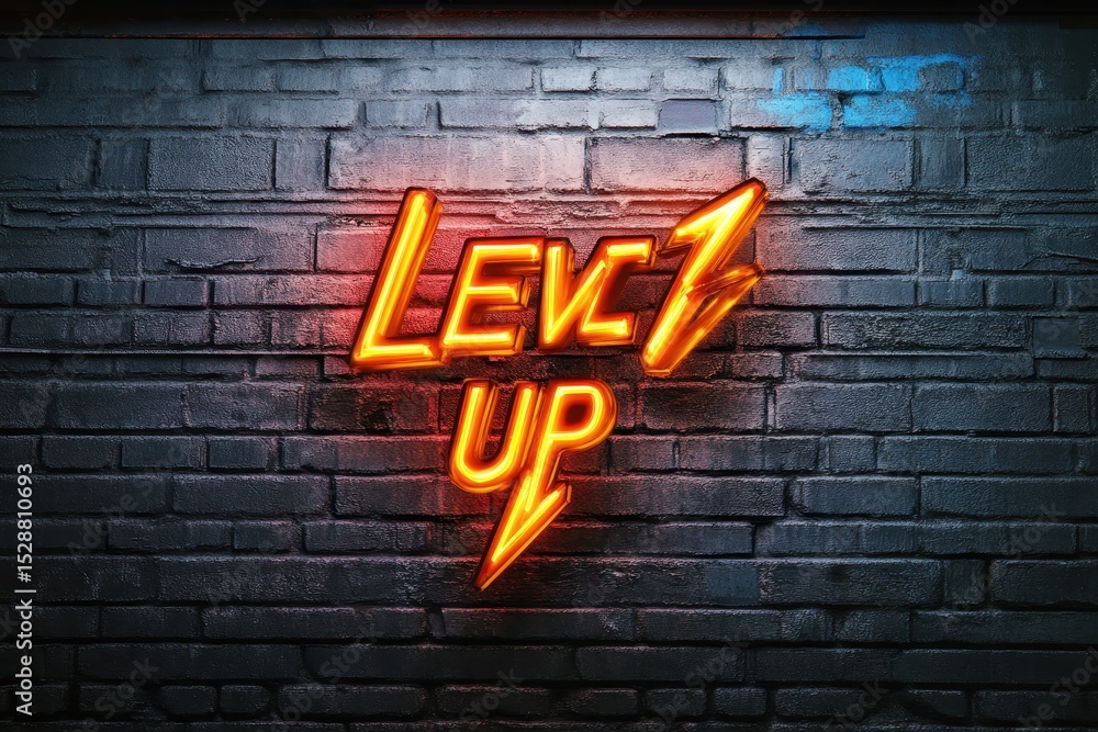 Poster lightning effect illuminates level up text banner against a dark backdrop, lightning effect over lev