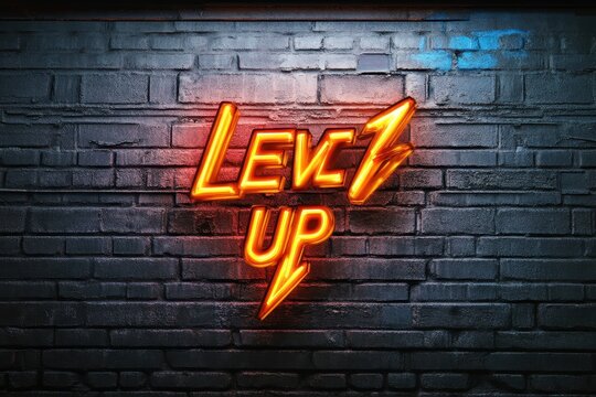 Lightning effect illuminates level up text banner against a dark backdrop, lightning effect over level up text banner against grey brickwall textured background - Powered by Adobe