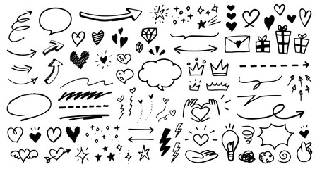 手描きの装飾セット。ハート、矢印、星など記号のイラスト。ペンで描いた感情のアイコン。落書き風の素材。