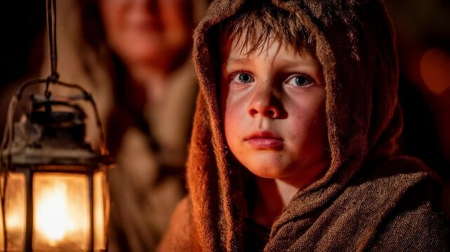 Closeup of a young boy portraying the role of the innkeeper, wearing a simple robe and holding a lantern, with a regretful expression on his face as he turns away Mary and Joseph.