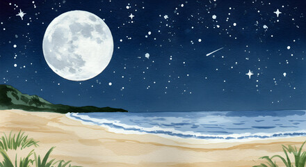 A peaceful night beach with stars, moon, and waves.
Watercolor style