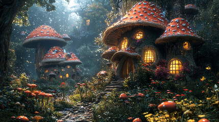 Obraz premium Welcome to the magical world of fairies! In this enchanting digital artwork, you'll be transported to a hidden realm where tiny homes are nestled among giant mushrooms