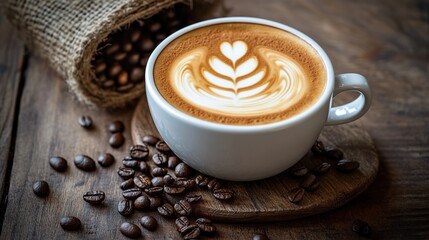 A white cup of latte art coffee sits on a wooden coaster, surrounded by coffee beans spilled from a burlap sack.  The latte features a delicate leaf design