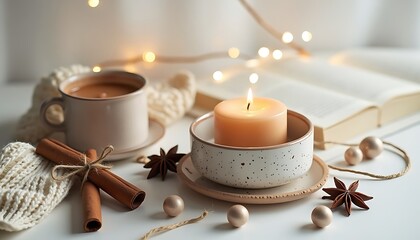Cozy still life with hot beverage, candle, open book and decorations
