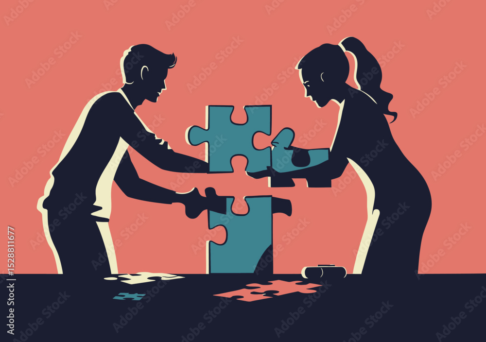 Poster silhouettes of man and woman assembling large puzzle pieces together teamwork cooperation problem so