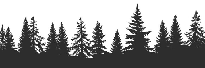 Silhouetted conifer tree forest landscape in black and white minimalist flat vector style with diverse pine tree shapes and dense tree trunks silhouette
