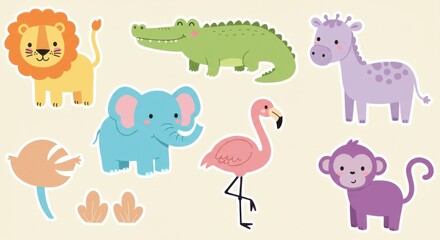 Obraz premium Cute Cartoon Safari Animals Sticker Collection