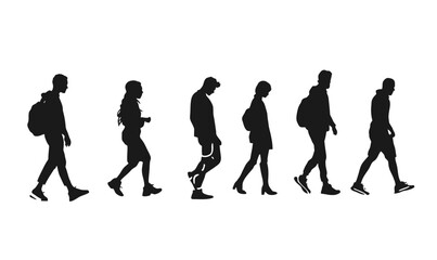 Obraz premium Silhouettes of six diverse people walking in single file in various casual poses with backpacks and jackets flat minimalist vector design isolated on white background