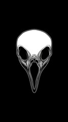 Black and white minimalist vector illustration of a crow skull with detailed engraving line art on black background for tattoo design or gothic artwork