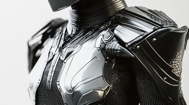 Close-up of polished, dark-grey metallic armor; intricate detailing, segmented plates, high collar, and subtle gold accents against a bright background