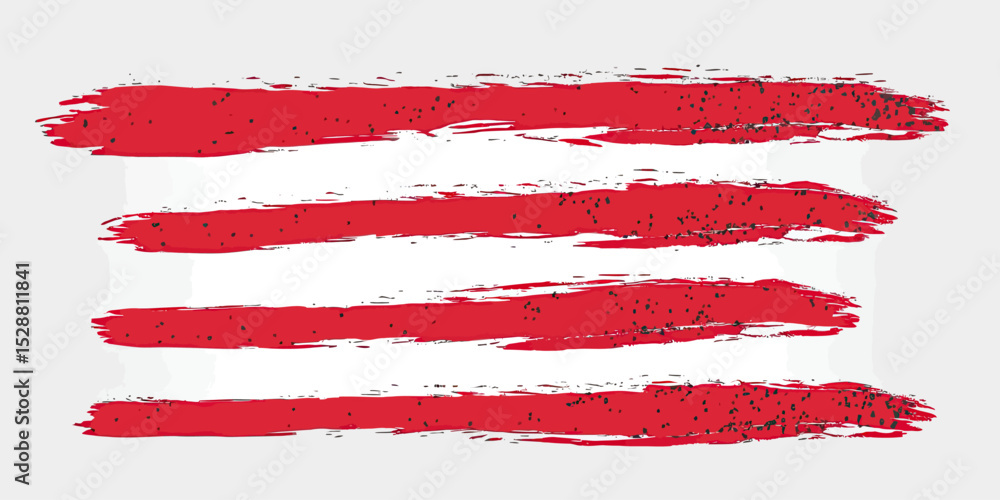 Poster set of four horizontal red paint brush strokes with rough edges and textured splatters isolated on w