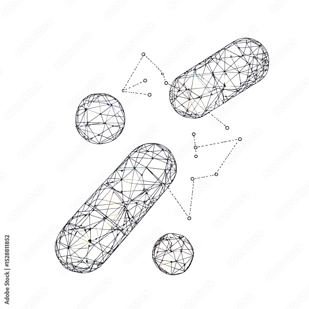 Aufkleber low poly style vector illustration of capsules and tablets with geometric mesh structure and interco
