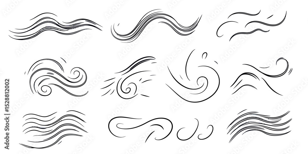 Poster set of abstract black wind and air flow lines with swirls and curves hand drawn doodle vector elemen