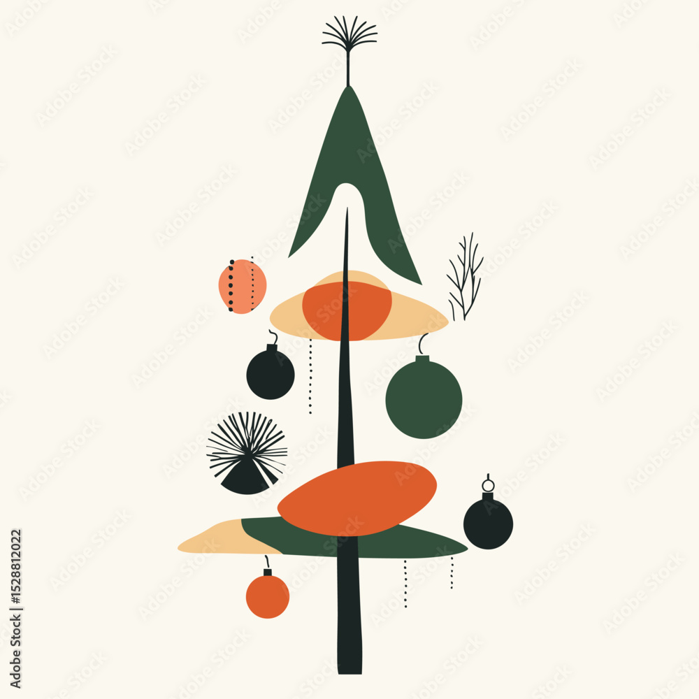Aufkleber minimalist abstract christmas tree with geometric shapes and colorful ornaments in flat vector style