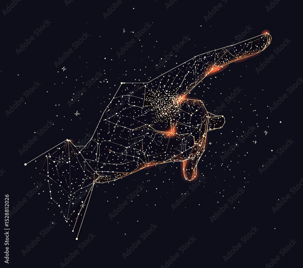 Poster abstract glowing polygonal hand with star constellation elements pointing forward on dark cosmic bac