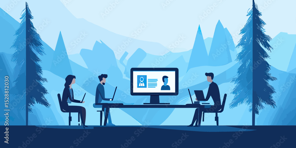 Poster remote business meeting with diverse team using laptops and video conference screen in modern office