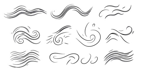 Fototapeta premium Set of abstract black wind and air flow lines with swirls and curves hand drawn doodle vector elements for weather and movement design concepts in minimalist style
