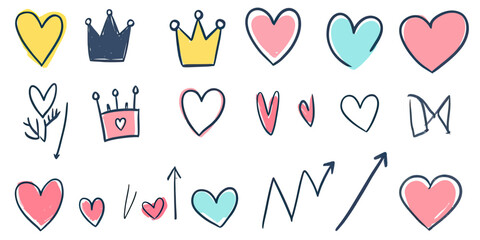 Hand drawn colorful hearts crown arrows sketch line art set love romantic doodles vector illustration flat minimalist style design elements collection for decoration