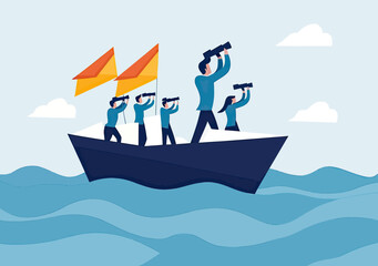 Business team on boat with binoculars searching forward navigating waves representing leadership vision strategy and teamwork for success concept illustration