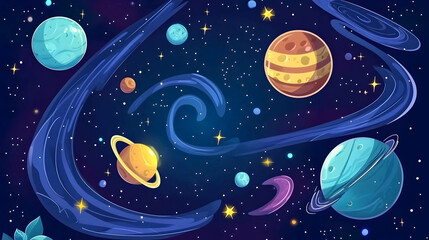 Colorful planets in a swirling galaxy with stars.  Multiple planets of varying colors and sizes are scattered throughout a night sky, adorned with swirling nebulae and sprinkled with stars