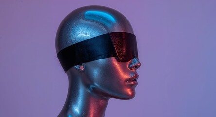 Silver Mannequin Head with Blindfold, Glowing in Neon Lights, Futuristic Aesthetic