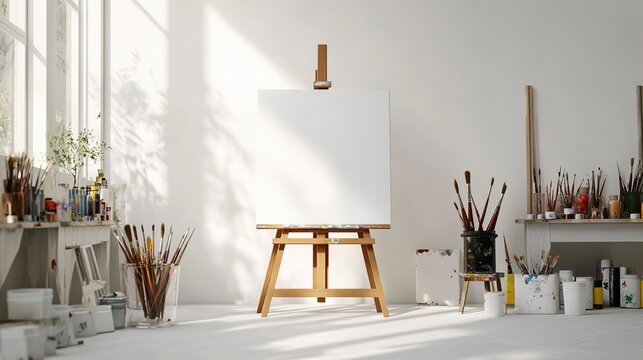 Sunlit artist's studio with blank canvas on easel, surrounded by paint, brushes, and art supplies on white tables against a white wall