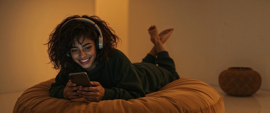 Woman relaxing at home with phone and headphones on a beanbag chair, smiling.