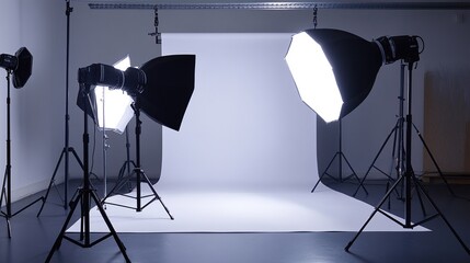 Studio setup with white backdrop, three lighting stands, softboxes, and speedlights, ready for a photoshoot