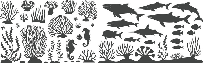 Diverse Marine Life Silhouettes Vector Collection: Underwater Coral, Seaweed, Fish, Sharks, Dolphins, and Seahorses for Ocean-Themed Designs