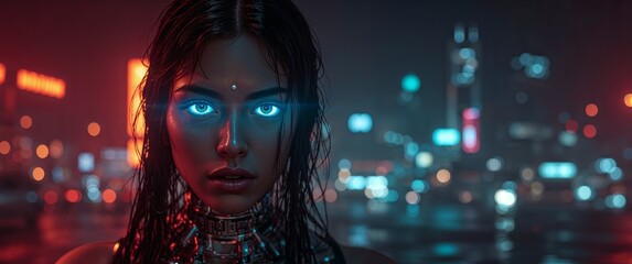 Cyberpunk Beauty. Glowing Eyes in the Neon Cityscape, A Vision of the Future
