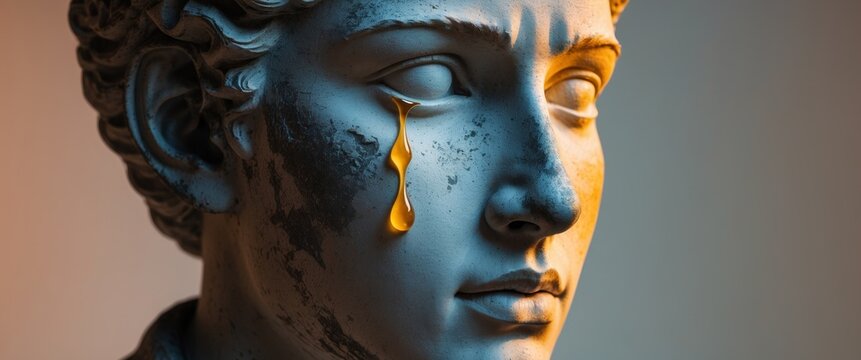 Classical Statue Crying Golden Tears. A Surreal and Poignant Artistic Expression.