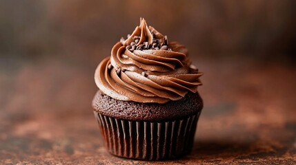 Close-up of a single chocolate cupcake with swirls of rich chocolate frosting and chocolate sprinkles on top, set against a dark brown background
