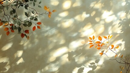 Isolated branch with orange-edged leaves against light yellow blurred sunlight and shadows on wall, creating warm serene atmosphere with natural movement. High-detail composition for premium wall art,