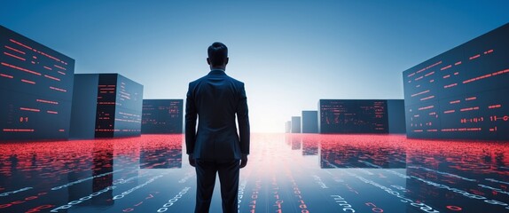 Facing the Digital Future. A Businessman in a World of Data and Binary Code.