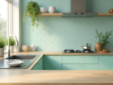 Empty wooden countertop with blur charming kitchen in mint green colors, Ready for product display