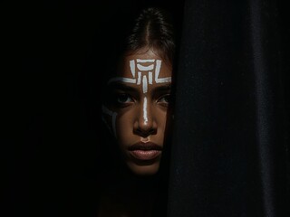Mysterious Gaze. A Woman with White Tribal Markings Peeking from Darkness.