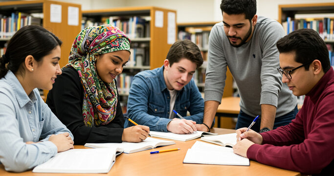 Collaborative Learning Diverse Students Studying Together in a University Library