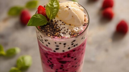 A tall glass of vibrant pink raspberry smoothie, layered with chia seeds and topped with a scoop of vanilla ice cream, fresh basil, and a strawberry slice.  Raspberries are scattered around the glass