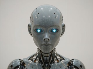 Portrait of a Futuristic Female Robot with Glowing Blue Eyes and Gray Metallic Skin.